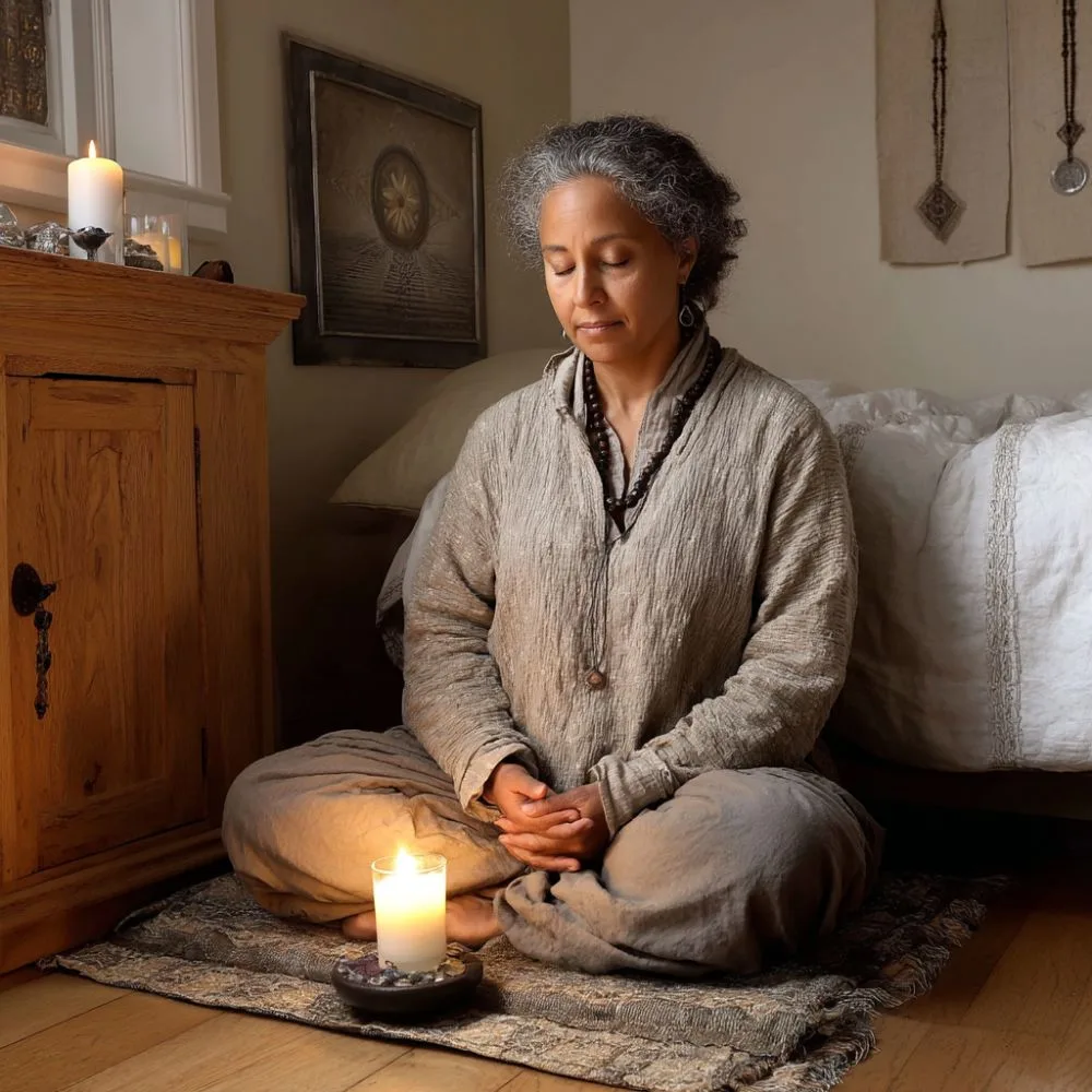 Peaceful woman meditating cross-legged on a rug beside a bed. She is surrounded by soft candlelight, crystals, and spiritual wall decor, creating a serene and grounded atmosphere.