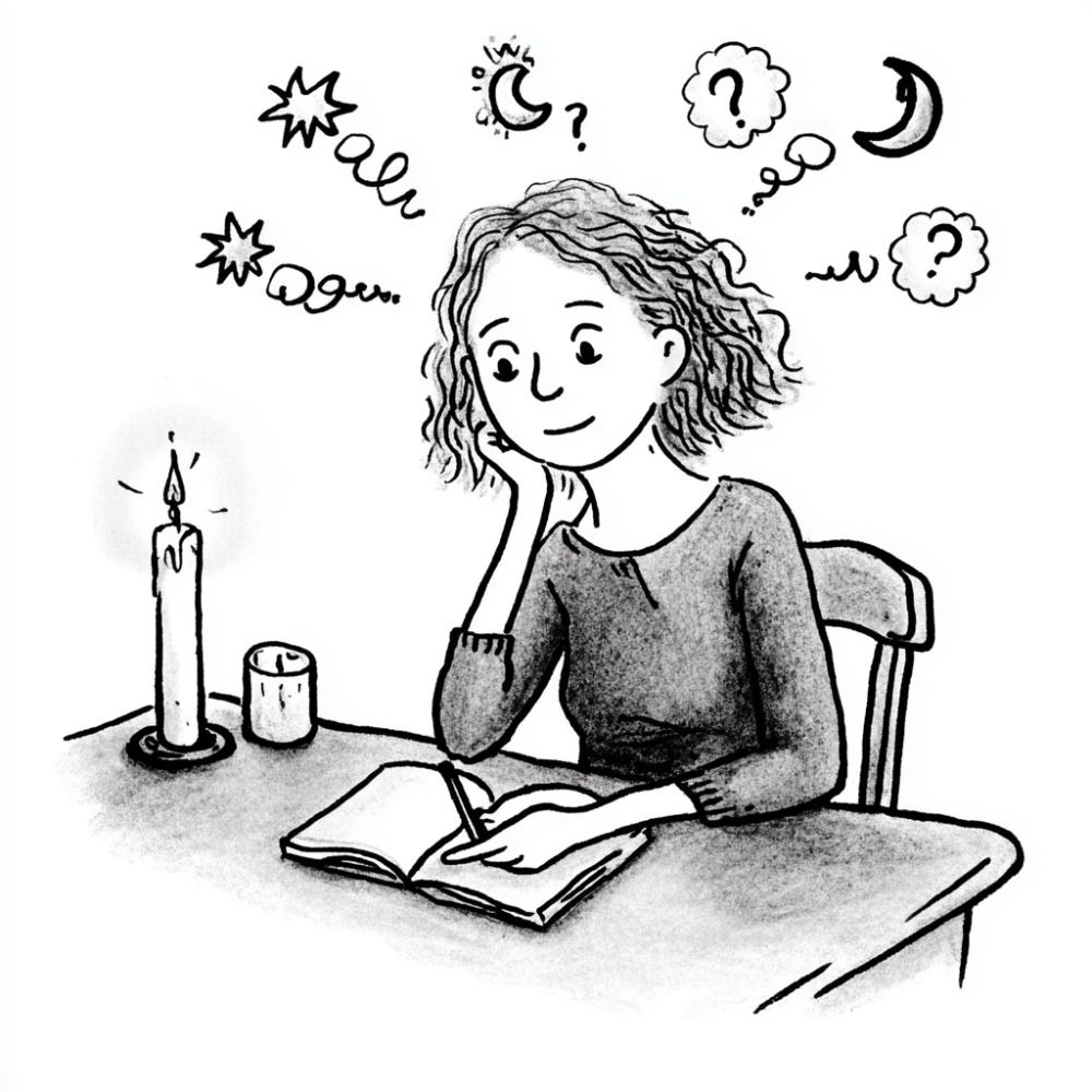 Black and white illustration of a woman journaling by candlelight. She sits at a table, smiling thoughtfully, surrounded by doodles of stars, moons, clouds, and question marks representing reflection or dream interpretation.