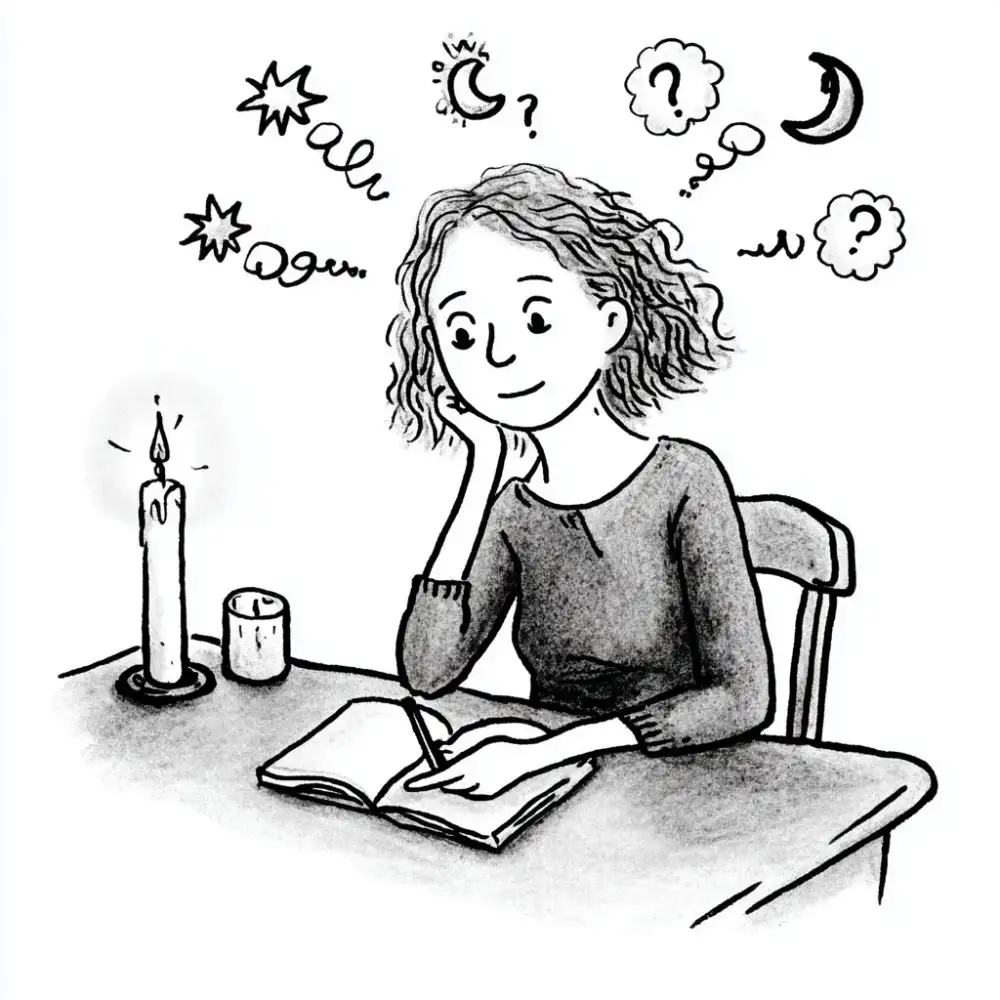 Black and white illustration of a woman journaling by candlelight. She sits at a table, smiling thoughtfully, surrounded by doodles of stars, moons, clouds, and question marks representing reflection or dream interpretation.