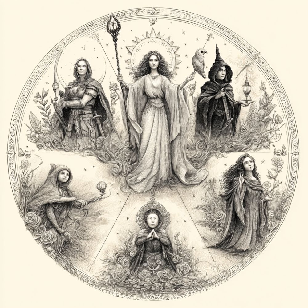 Detailed circular illustration of six symbolic goddesses, each representing different archetypes—warrior, healer, seer, maiden, mother, and crone—surrounded by floral and celestial motifs in an ornate mandala-style design.