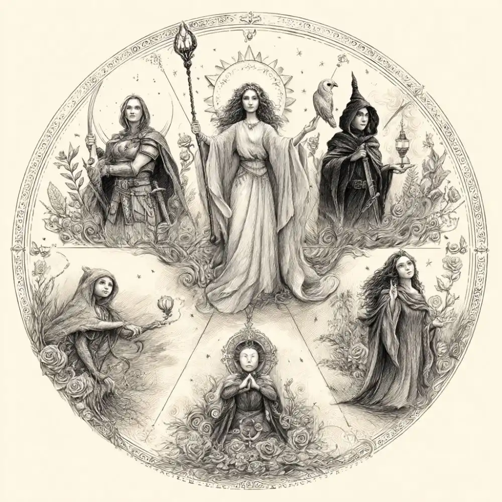 Detailed circular illustration of six symbolic goddesses, each representing different archetypes—warrior, healer, seer, maiden, mother, and crone—surrounded by floral and celestial motifs in an ornate mandala-style design.