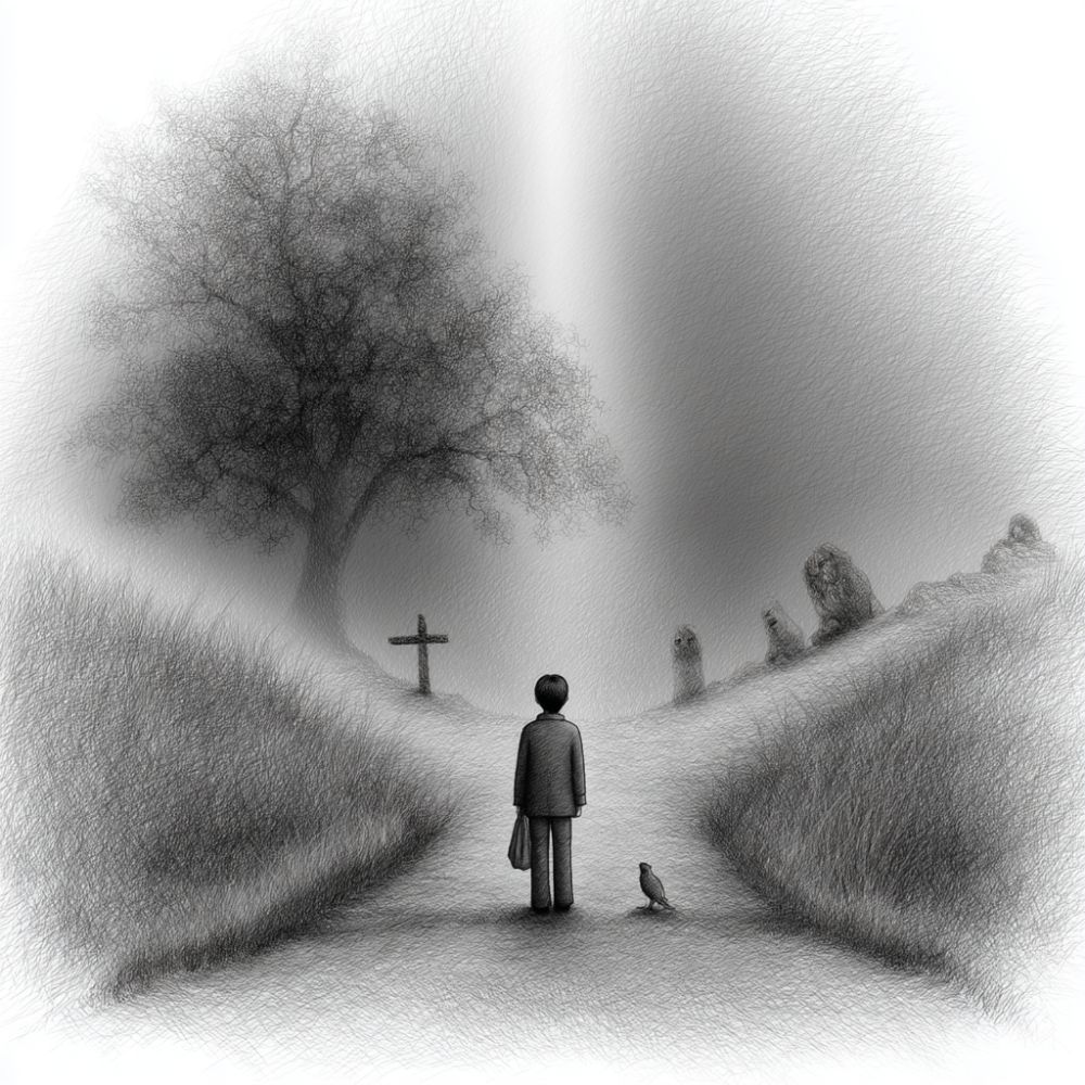 Black and white sketch of a person standing at a forked path in a misty landscape, with a bird beside them and gravestones in the distance, evoking themes of choice, death, and reflection.