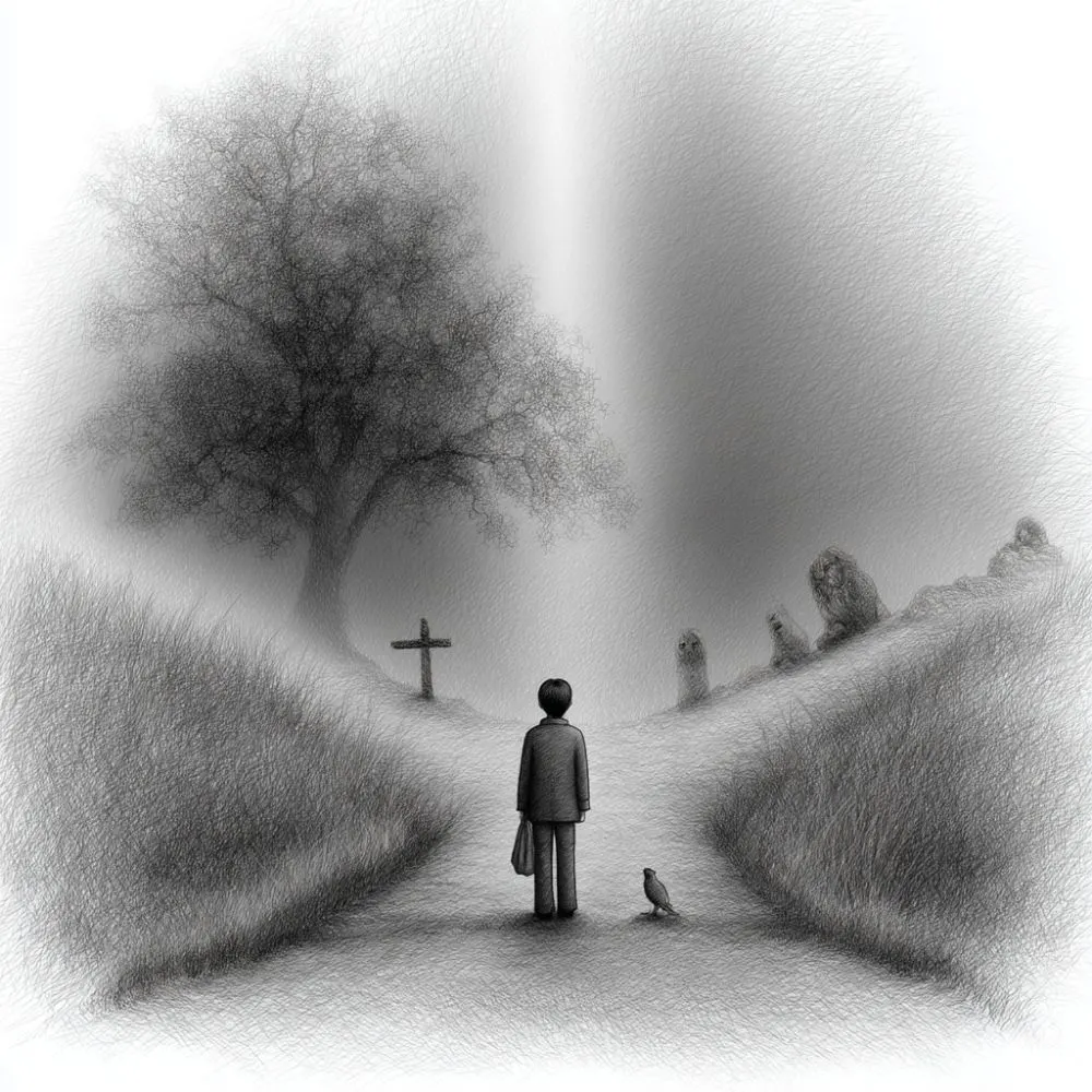 Black and white sketch of a person standing at a forked path in a misty landscape, with a bird beside them and gravestones in the distance, evoking themes of choice, death, and reflection.