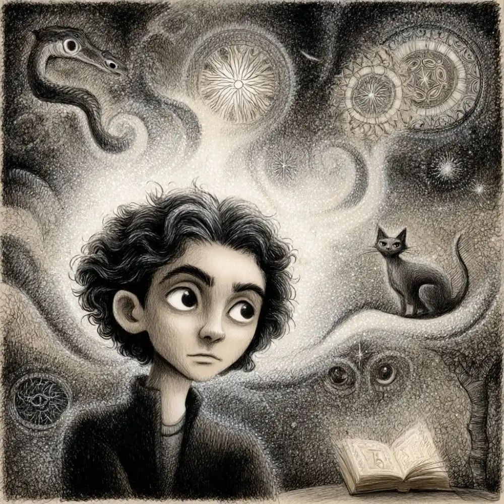 Surreal drawing of a wide-eyed boy with curly hair surrounded by mystical imagery—an open book, a cat, snake, eyes, and cosmic symbols—suggesting imagination, dreams, or magical thought.