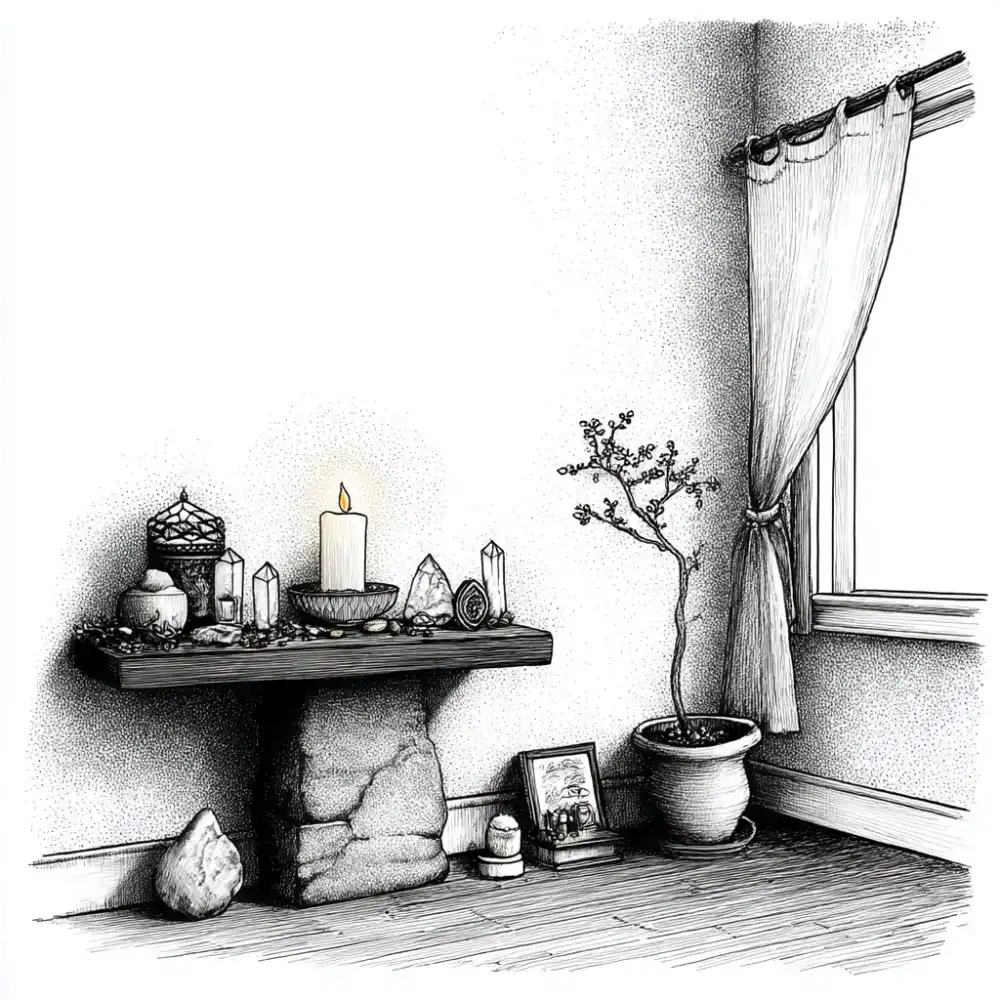 Detailed black and white drawing of a peaceful altar in the corner of a room. The altar holds crystals, a candle, and sacred items, with a small tree in a pot beside it and a curtain-draped window nearby.