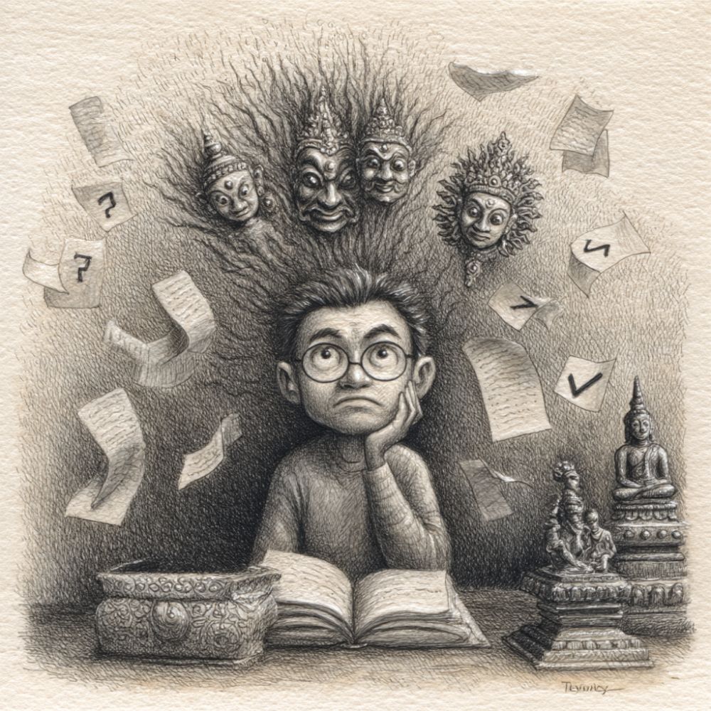 Surreal sketch of a thoughtful boy surrounded by floating papers and traditional masks emerging from his hair, symbolizing spiritual or mental overwhelm. Statues and a book rest on the table in front of him.