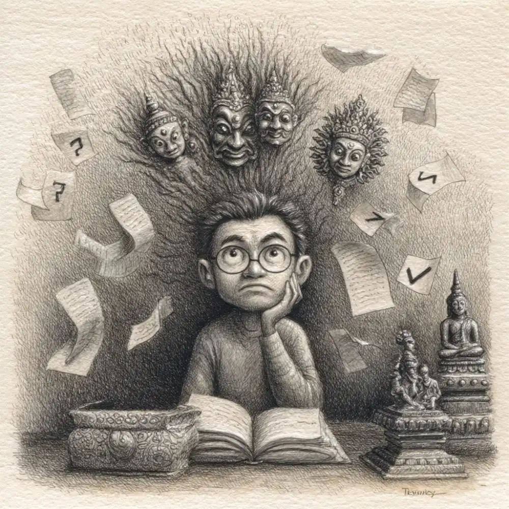 Surreal sketch of a thoughtful boy surrounded by floating papers and traditional masks emerging from his hair, symbolizing spiritual or mental overwhelm. Statues and a book rest on the table in front of him.