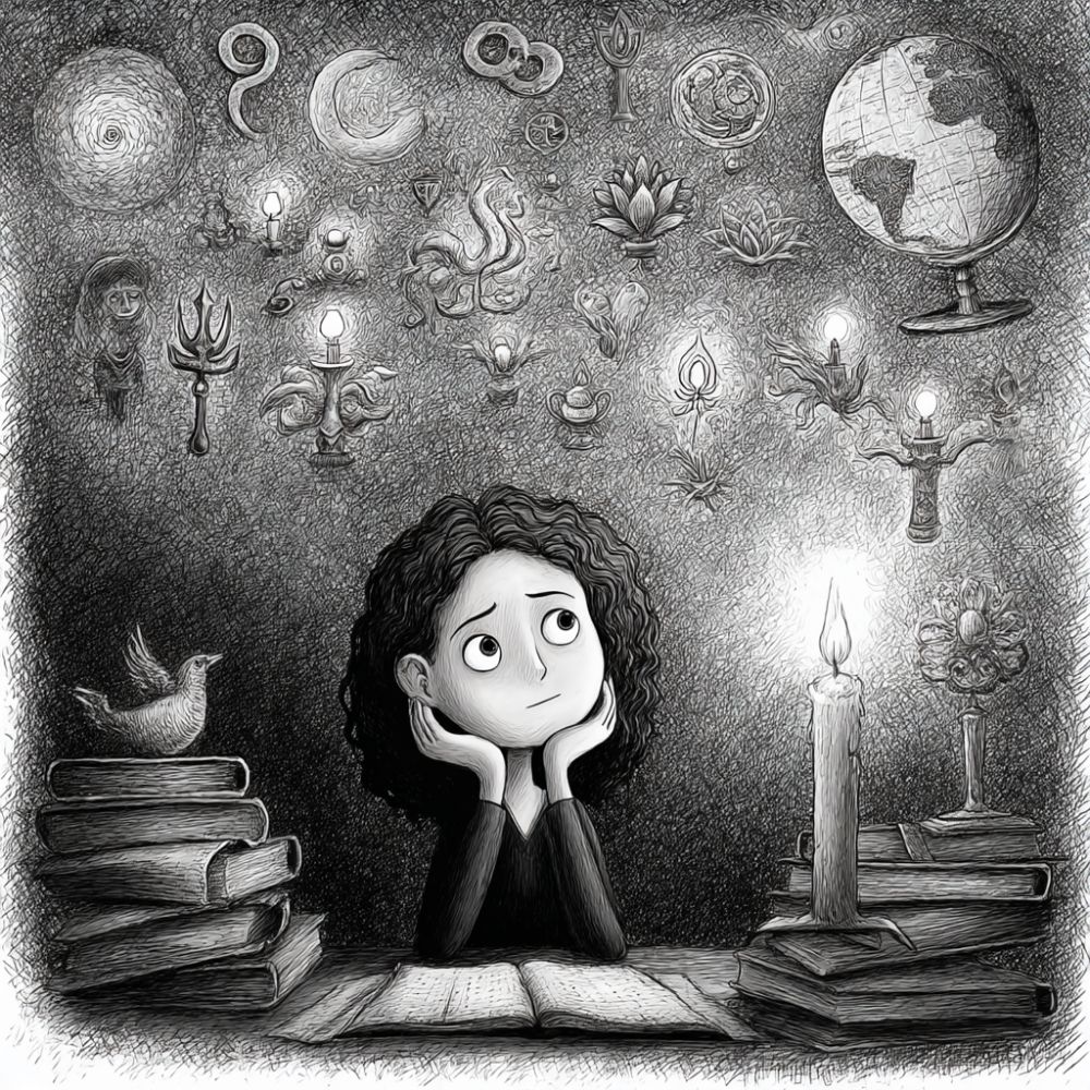 Detailed illustration of a girl at a desk, looking up thoughtfully at a wall filled with floating spiritual symbols, candles, flowers, and a globe. She is surrounded by stacked books and a glowing candle.