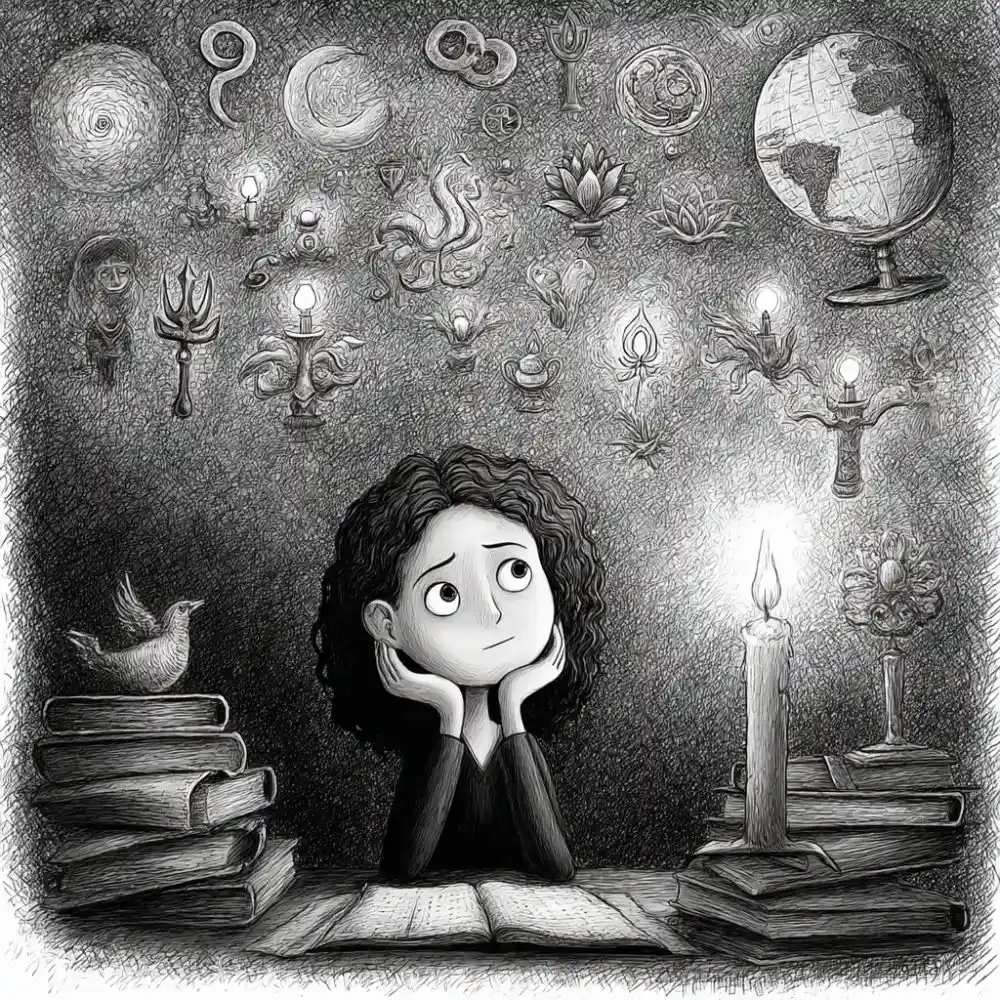 Detailed illustration of a girl at a desk, looking up thoughtfully at a wall filled with floating spiritual symbols, candles, flowers, and a globe. She is surrounded by stacked books and a glowing candle.