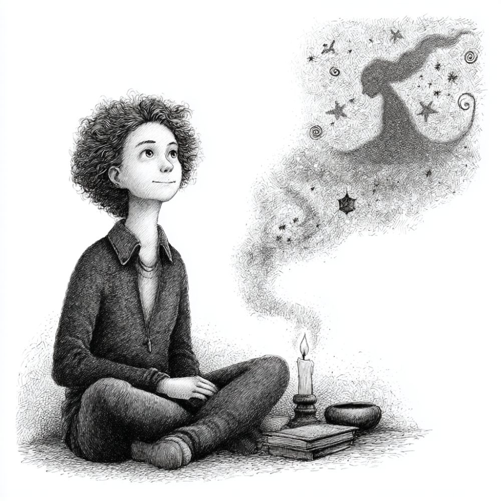 Black and white drawing of a person sitting cross-legged in meditation beside a candle, books, and a bowl. Rising smoke forms the shape of a goddess surrounded by stars and cosmic swirls.