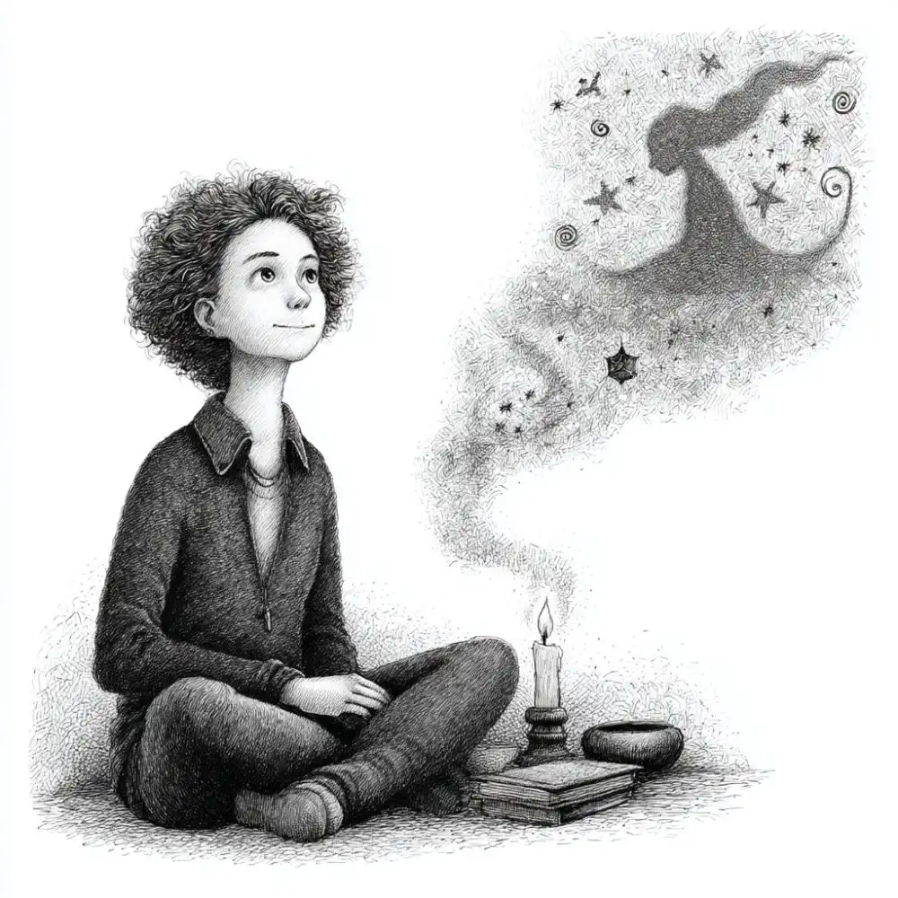 Black and white drawing of a person sitting cross-legged in meditation beside a candle, books, and a bowl. Rising smoke forms the shape of a goddess surrounded by stars and cosmic swirls.