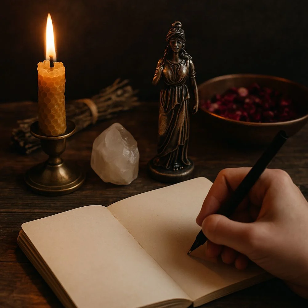 Photo of a deity altar with a hand writing in a journal. A lit beeswax candle, quartz crystal, goddess statue, dried herbs, and a bowl of rose petals are placed on a wooden surface.