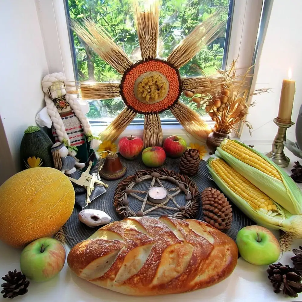 Lammas altar by a window featuring a braided loaf of bread, fresh corn, apples, pinecones, a melon, a candle, and a pentacle with a tealight. A large sun-shaped decoration made of grains and wheat hangs above, with symbolic items and seasonal produce arranged around it."