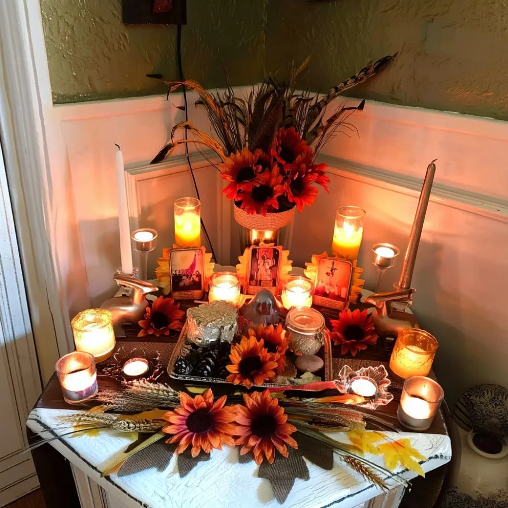 Warmly lit Lammas altar in a corner setup, featuring glowing candles, orange and red artificial sunflowers, framed photos, feathers, pinecones, and symbolic items arranged on a white wooden table. Wheat stalks and autumn leaves decorate the altar’s edge.