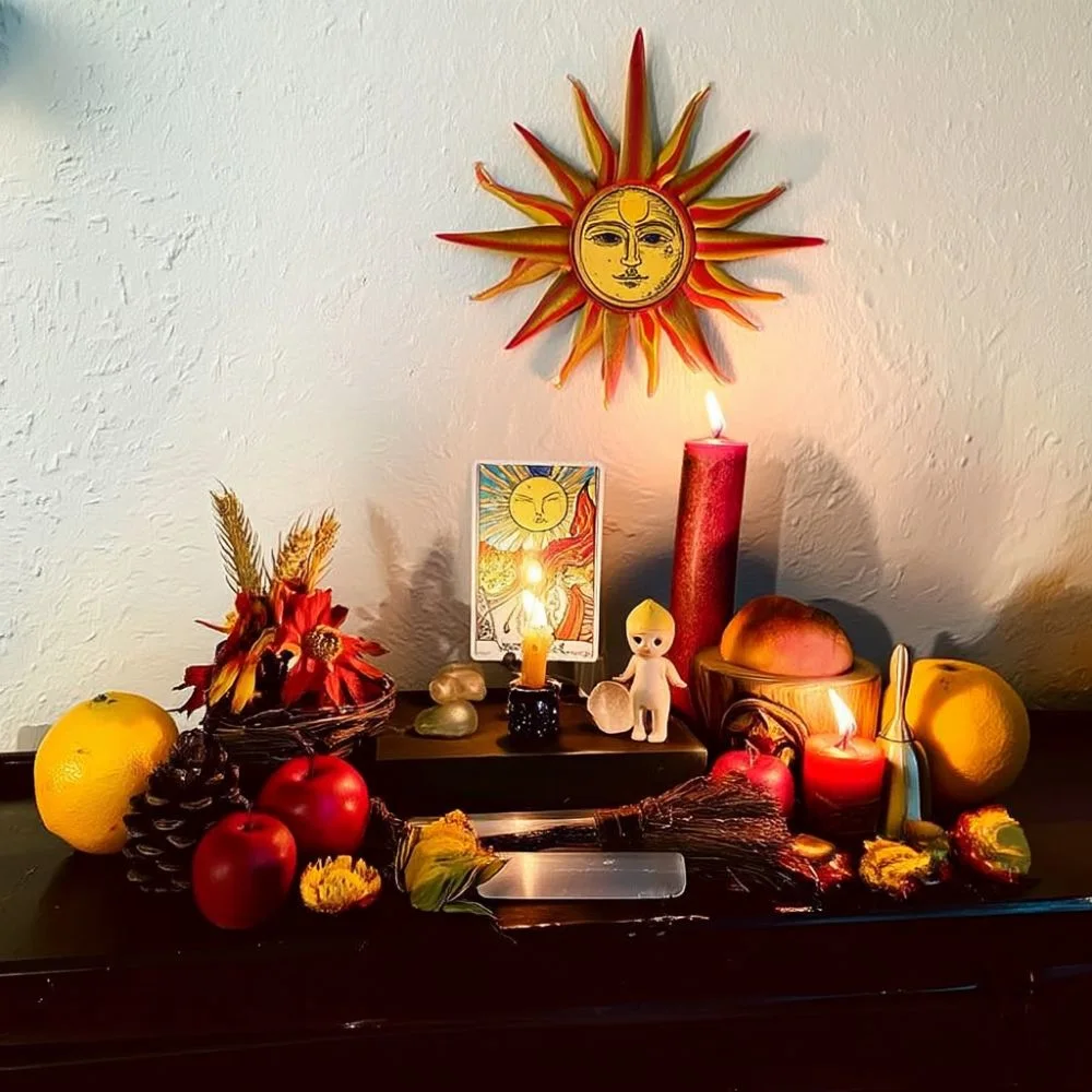 Vibrant Lammas altar with red and yellow candles, a sun wall hanging, fruits, flowers, tarot card of the Sun, and symbolic items. A playful doll and bright colors give the altar a joyful and fiery midsummer energy.