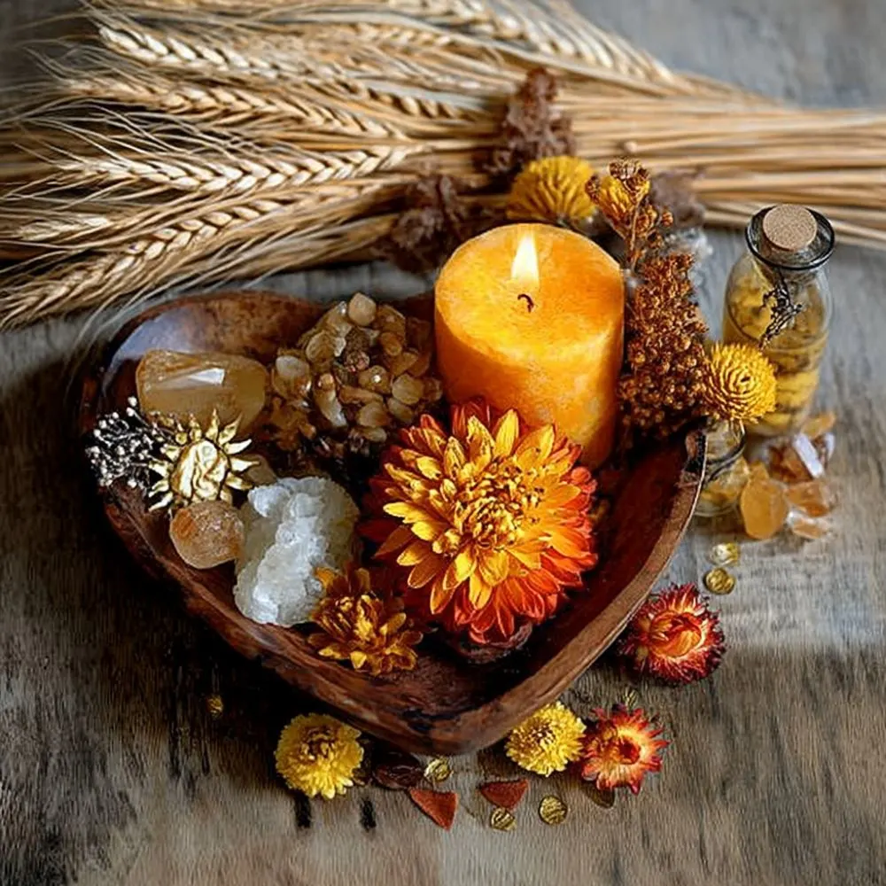 Close-up of a wooden heart-shaped bowl filled with autumn-themed Lammas offerings, including a glowing orange candle, golden flowers, wheat, crystals, and a small vial of oil. Set on a wooden surface with a cozy harvest feel.
