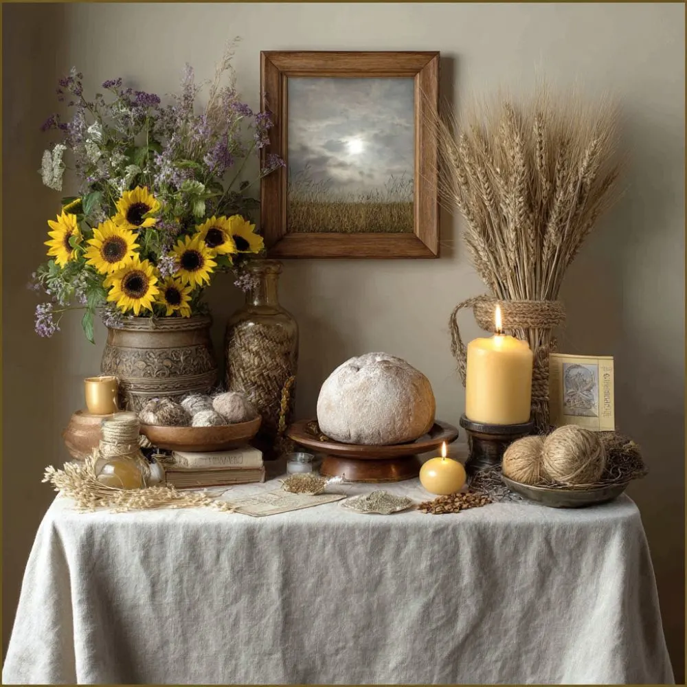 Rustic Lammas altar with a centerpiece of sunflowers and wheat, a round loaf of bread, candles, herbs, twine balls, and a framed image of a cloudy sky over a field. The setup is on a linen-covered table with earthy, natural tones.