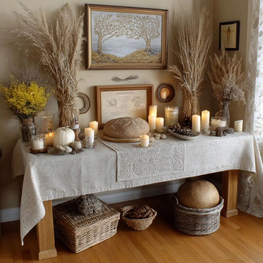 Elegant Lammas altar on a wooden table decorated with white candles, a large round loaf of bread, white pumpkins, pinecones, wheat bundles, and framed art. Neutral tones and soft lighting create a calm and sacred harvest setting.