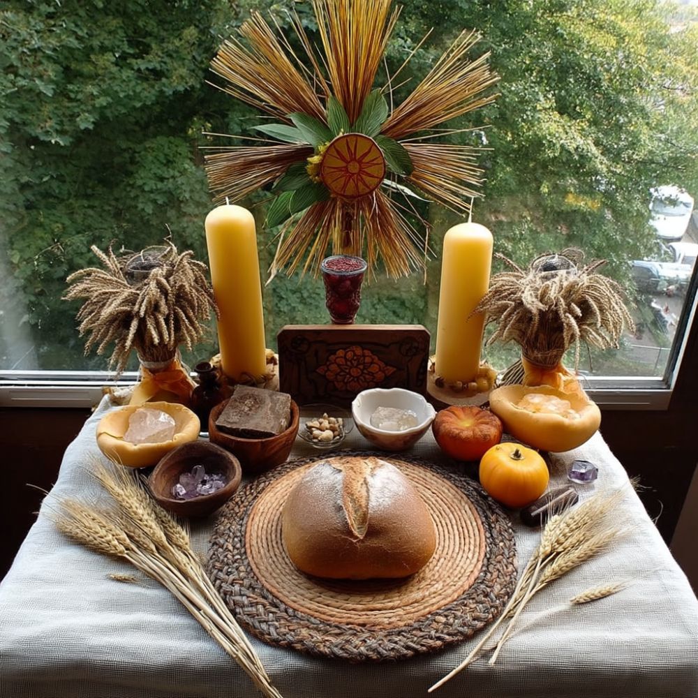 Lammas altar set by a window with a central round loaf of bread on a woven mat, flanked by tall yellow candles, wheat bundles, small pumpkins, crystals, and ritual bowls. A sun symbol made from straw and leaves hangs above, with trees visible through the window.
