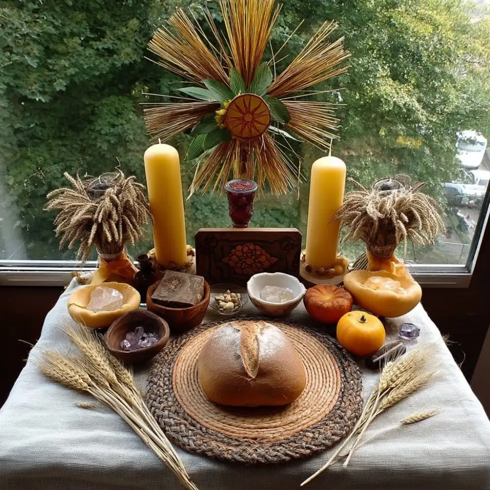 Lammas altar set by a window with a central round loaf of bread on a woven mat, flanked by tall yellow candles, wheat bundles, small pumpkins, crystals, and ritual bowls. A sun symbol made from straw and leaves hangs above, with trees visible through the window.