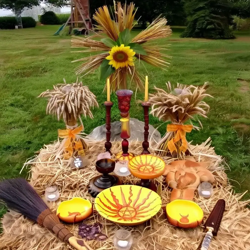 Outdoor Lammas altar set on hay, featuring sun-themed yellow bowls, a braided loaf of bread, wheat bundles tied with orange ribbons, candles in wooden holders, a sunflower and wheat sun decoration, and ritual tools like a broom and athame arranged on the altar.