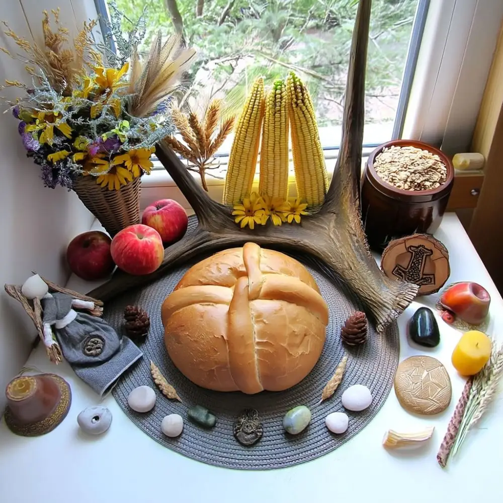 Lammas altar by a window featuring a round braided loaf of bread, apples, dried corn, wildflowers in a wicker basket, crystals, candles, Thor’s hammer symbol, and various natural offerings arranged on a circular mat with deer antlers as a backdrop.