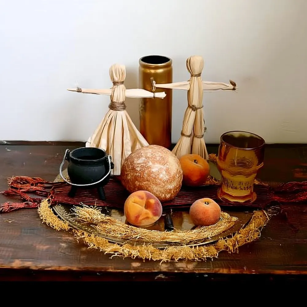 Lammas altar on a wooden surface with two corn dollies, a round loaf of bread, fresh peaches, a cauldron, a gold candle, an amber glass goblet, and dried herbs arranged in a semi-circle.