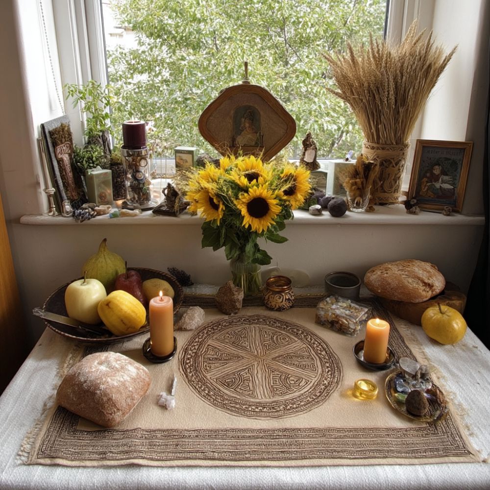 Lammas altar set on a table in front of a window, featuring a vase of sunflowers, candles, loaves of bread, fruits, crystals, a bundle of wheat, and a cloth with a sacred geometric design. The windowsill holds various spiritual objects, small statues, and framed artwork.