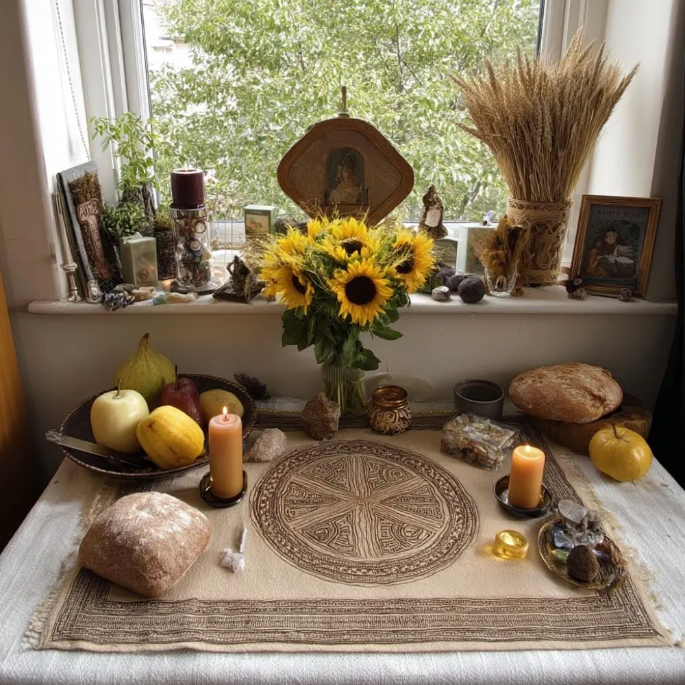 Lammas altar set on a table in front of a window, featuring a vase of sunflowers, candles, loaves of bread, fruits, crystals, a bundle of wheat, and a cloth with a sacred geometric design. The windowsill holds various spiritual objects, small statues, and framed artwork.