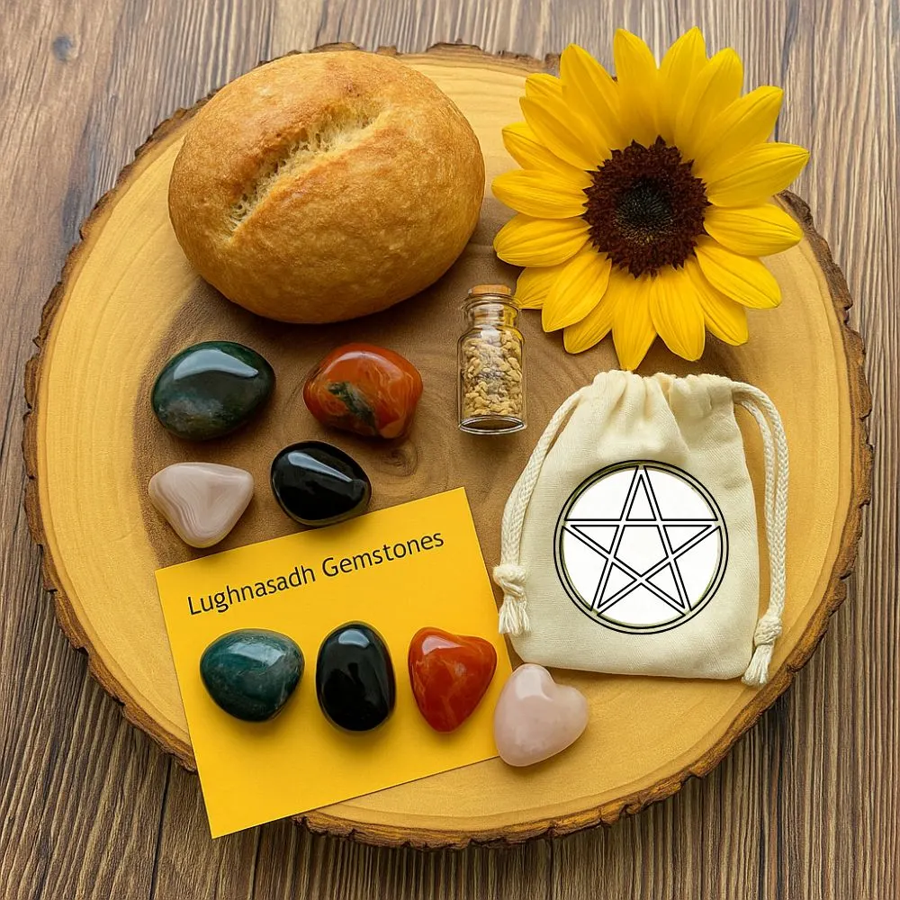 Wooden display featuring a round loaf of bread, a bright sunflower, a small spell jar, polished gemstones, a pentacle pouch, and a yellow card labeled 'Lughnasadh Gemstones,' all arranged for a Lammas celebration.