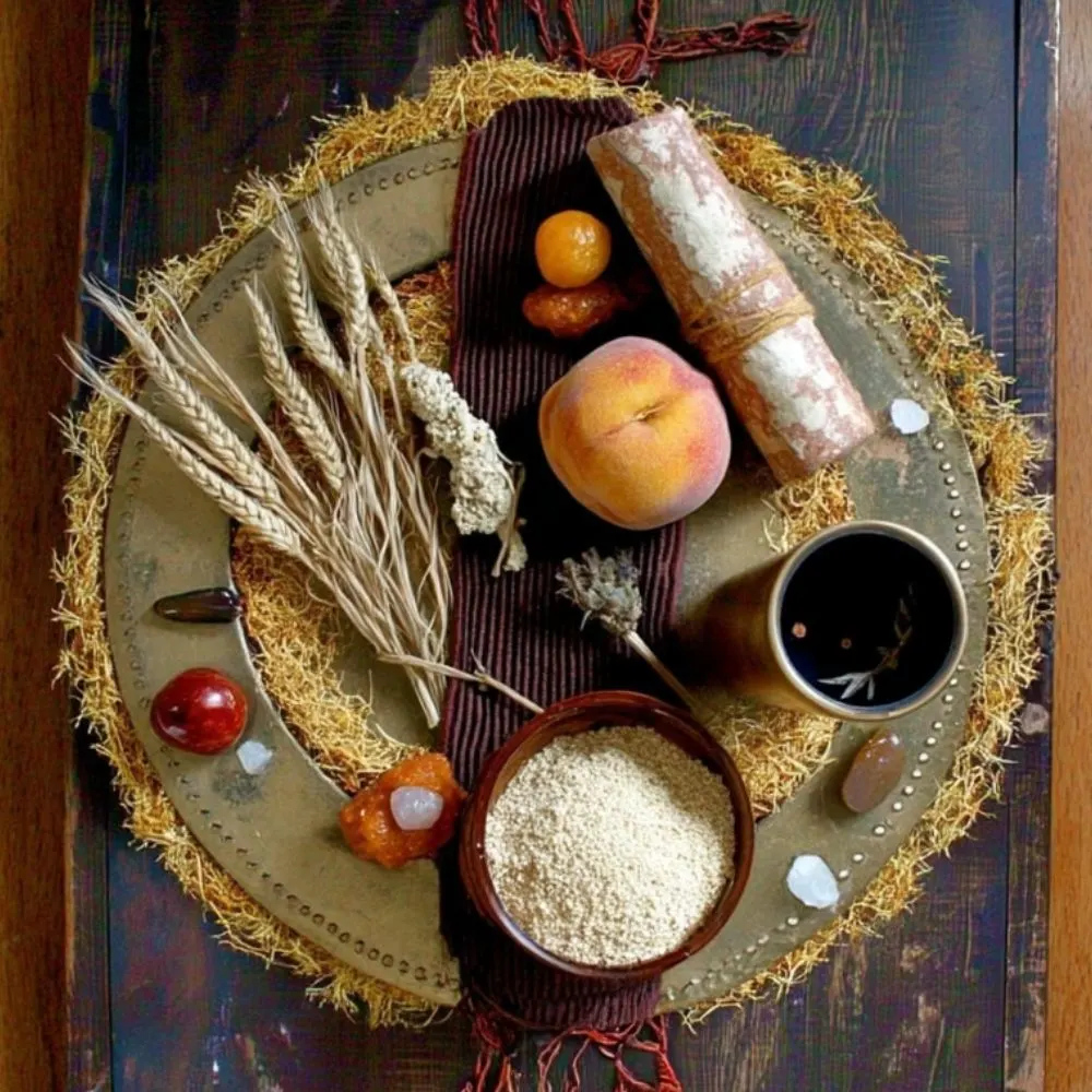Top-down view of a Lammas altar arranged on a brass tray with dried moss. The setup includes wheat stalks, a peach, a scroll, a bowl of grain, dried herbs, gemstones, and a candle holder, all placed on a dark wooden surface with a burgundy cloth runner."