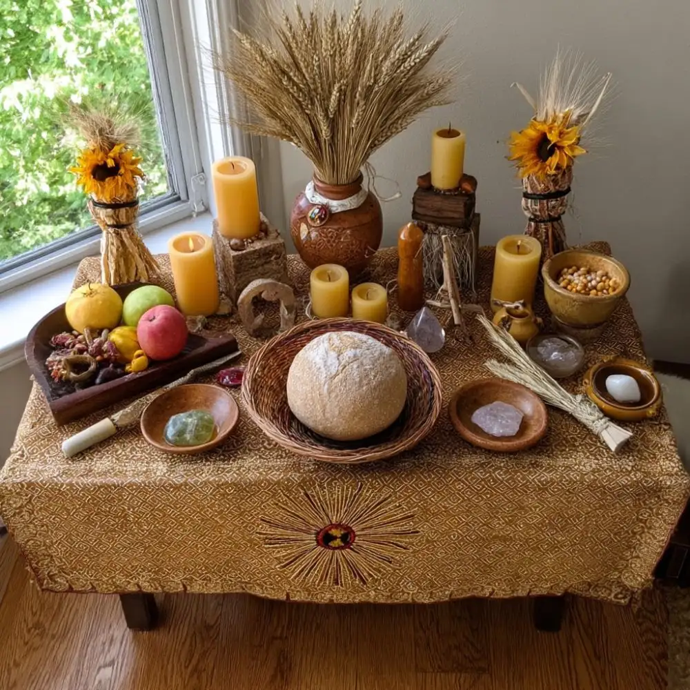 Lammas altar decorated with a loaf of bread, yellow candles, wheat bundles, sunflowers, crystals, fruits, corn, and symbolic items on a patterned cloth with a sun motif, set beside a window with greenery outside.