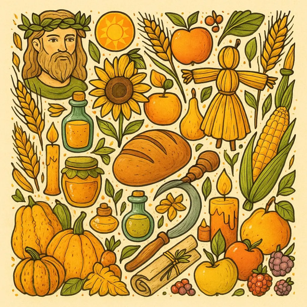 Colorful illustration of Lammas symbols including a bearded harvest god, bread, sunflowers, corn, wheat, pumpkins, apples, candles, a sickle, corn dollies, potion bottles, honey jars, and seasonal fruits, all in warm tones of orange, yellow, and green.