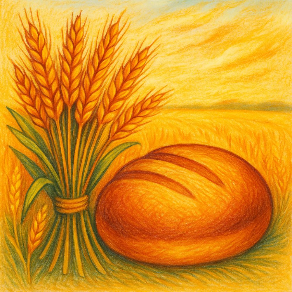 Illustration of a golden wheat field with a bundle of wheat stalks tied with twine next to a round loaf of rustic bread, all in warm shades of yellow and orange symbolizing harvest and abundance.