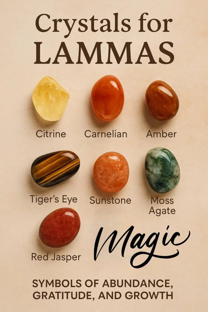 Graphic titled 'Crystals for Lammas' showing seven polished stones: Citrine, Carnelian, Amber, Tiger’s Eye, Sunstone, Moss Agate, and Red Jasper. Text below reads 'Symbols of abundance, gratitude, and growth' on a neutral background.