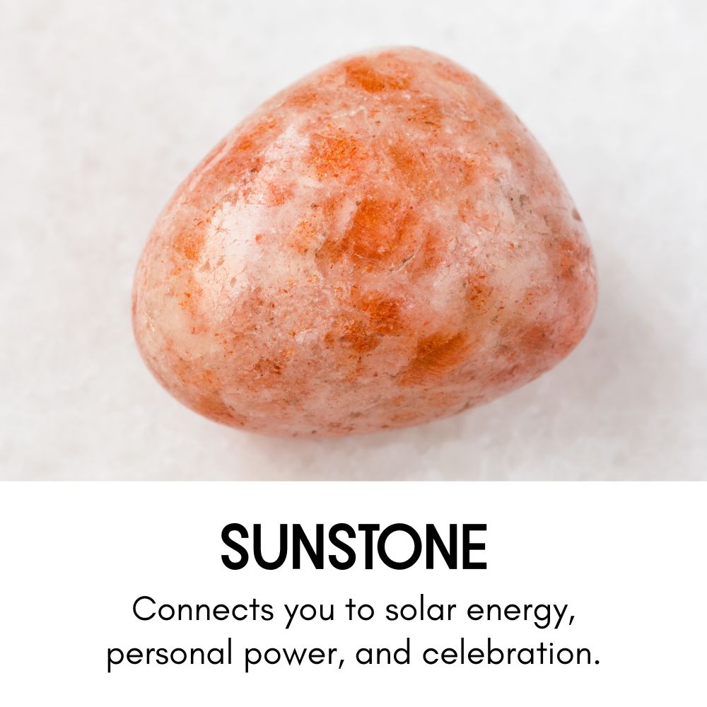 Polished sunstone with orange and peach speckles on a light surface. Text below reads: 'Sunstone – Connects you to solar energy, personal power, and celebration.'