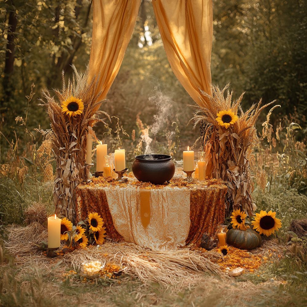 Lammas altar with a black cauldron, yellow candles, sunflowers, wheat bundles, pumpkins, and golden drapes in a forest clearing.