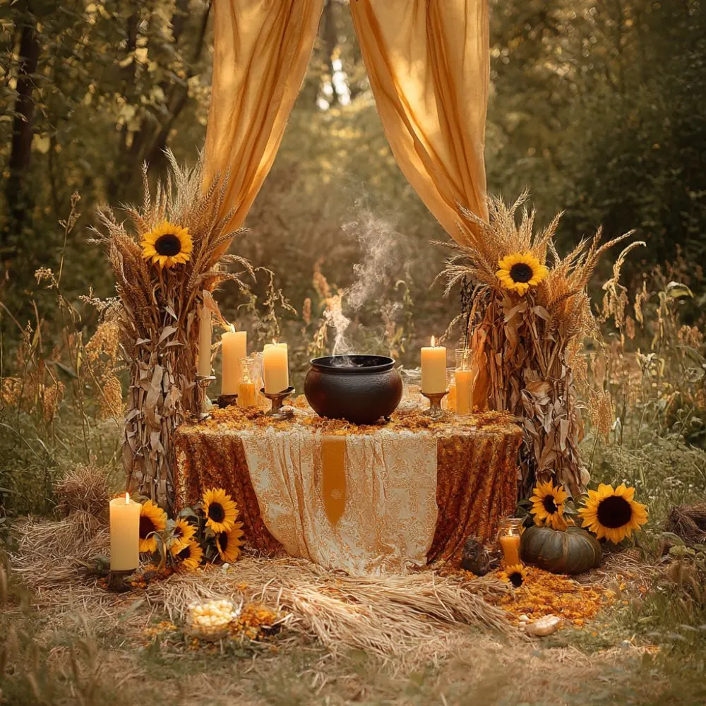 Lammas altar with a black cauldron, yellow candles, sunflowers, wheat bundles, pumpkins, and golden drapes in a forest clearing.