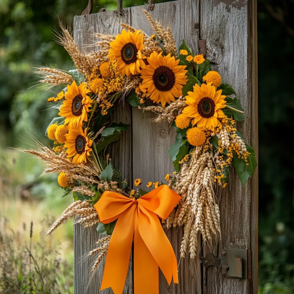 Lammas wreath with sunflowers, wheat stalks, yellow flowers, and an orange ribbon hanging on a rustic wooden door.