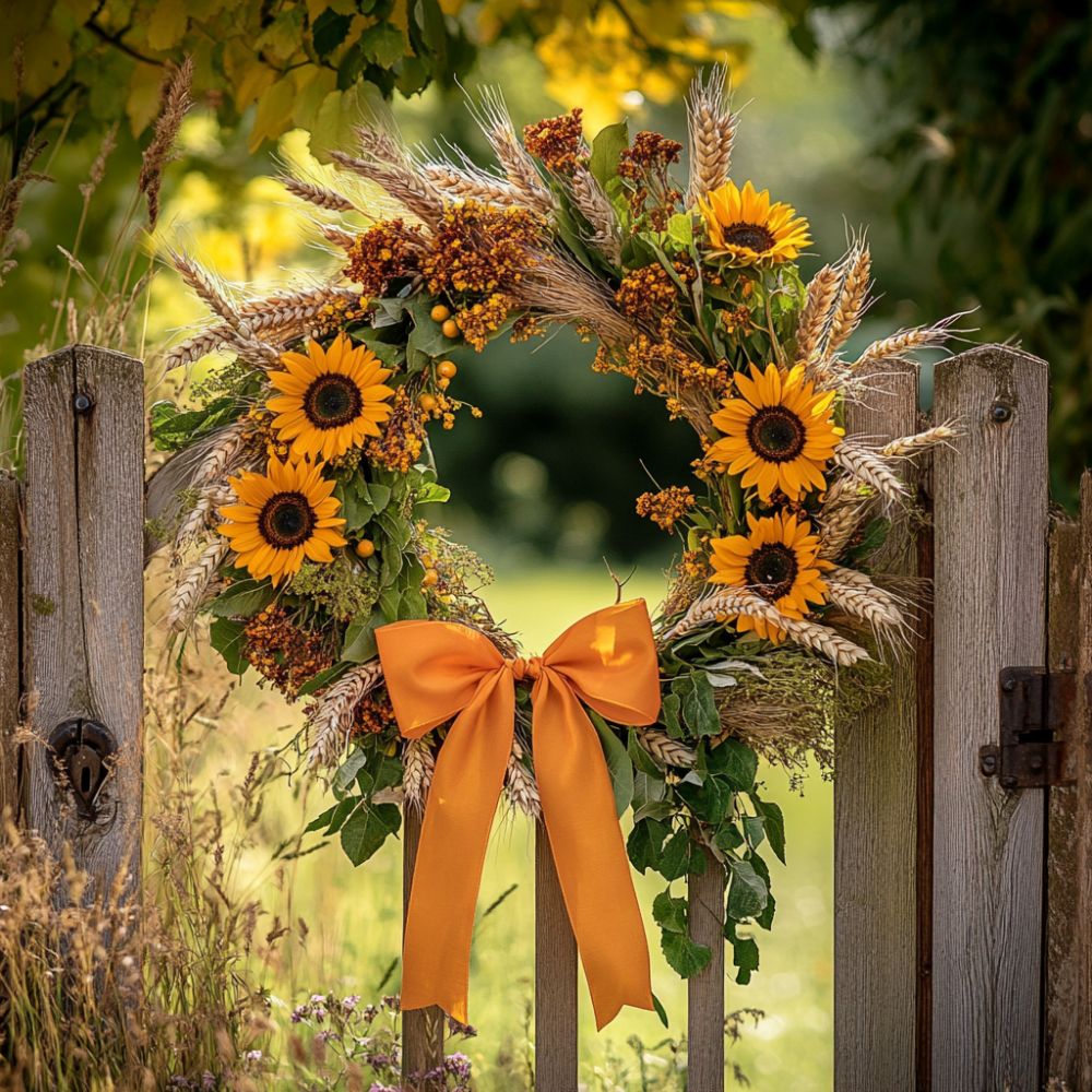 Lammas wreath with sunflowers, wheat, berries, greenery, and an orange ribbon hanging on a rustic wooden gate.
