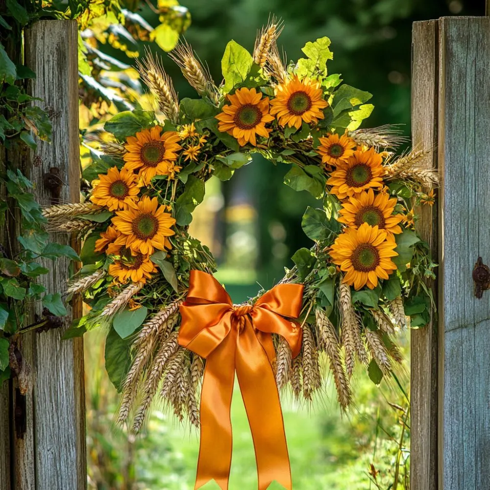 Lammas wreath filled with sunflowers, wheat stalks, green leaves, and a shiny orange ribbon, hanging on a wooden gate.