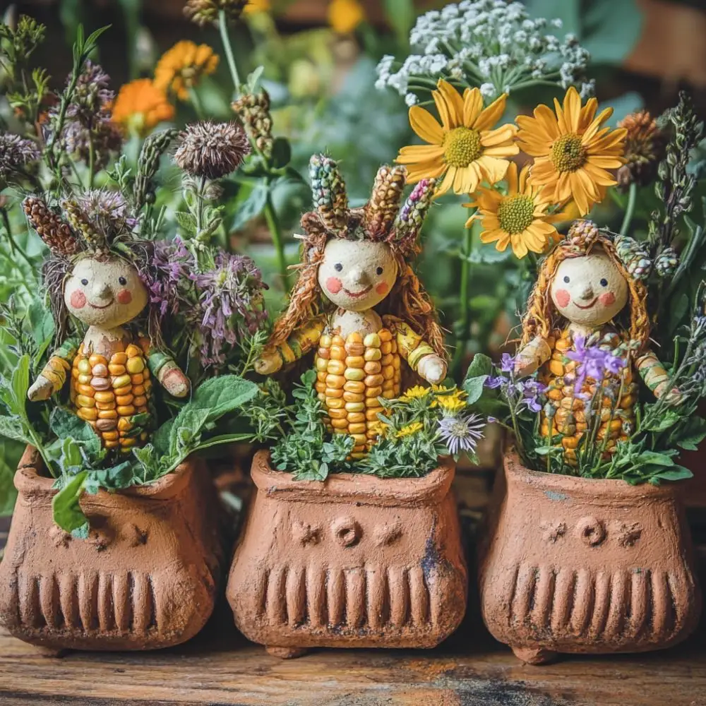 Three Lammas corn dolls in terracotta cauldron pots, decorated with herbs and flowers, with smiling faces and braided hair.