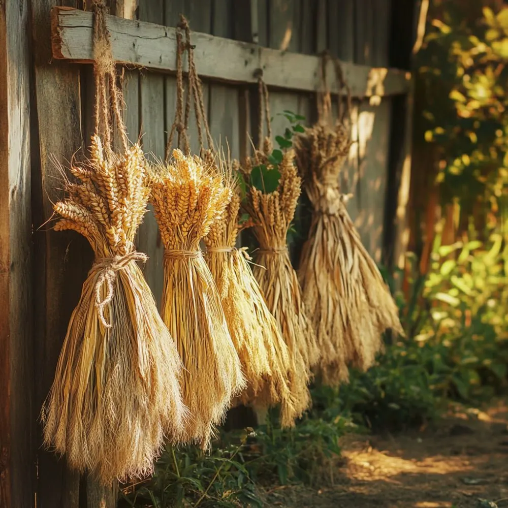 Four bunches of wheat sheaves tied with string and hanging on a wooden fence in warm afternoon light.