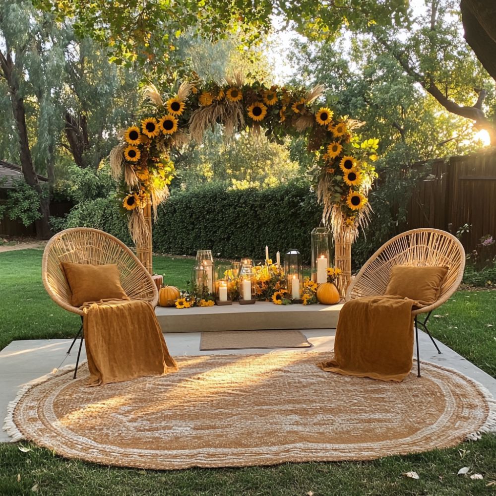Garden altar with sunflower arch, wicker chairs, golden throws, and candles set up on green grass at sunset.