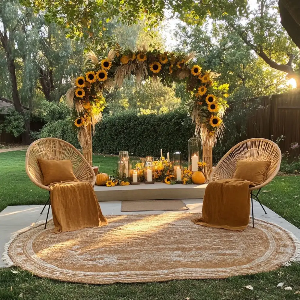Garden altar with sunflower arch, wicker chairs, golden throws, and candles set up on green grass at sunset.