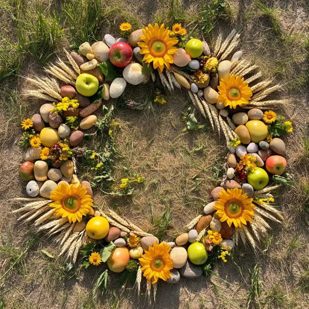 Mandala made from sunflowers, apples, wheat, stones, and flowers, arranged in a circle on grassy ground.