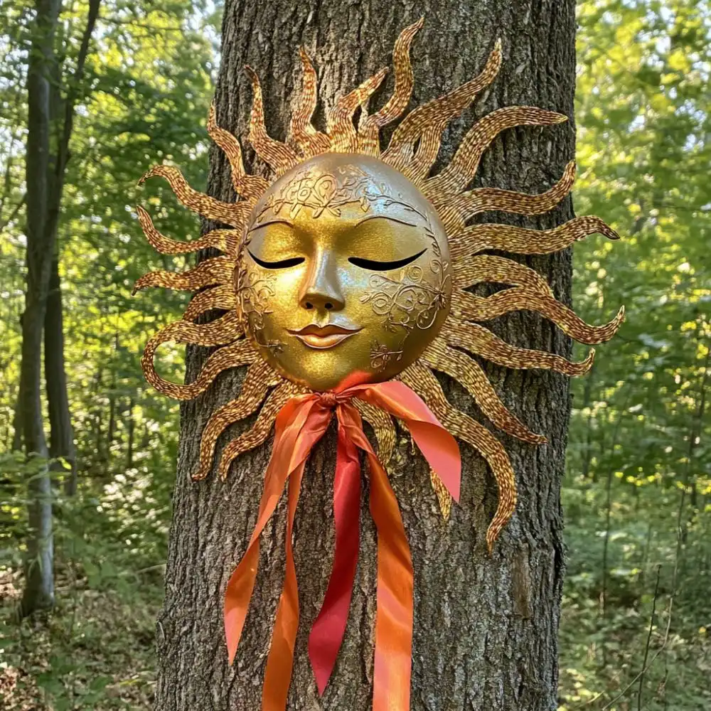 Gold sun face mask with etched details and orange ribbons, mounted on a tree trunk in a green forest.