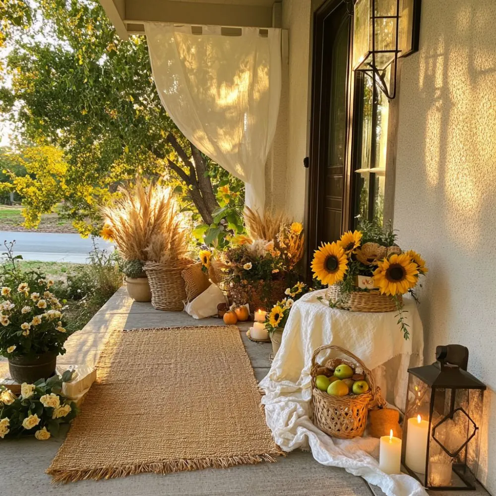 Front porch decorated for Lammas with sunflowers, apples in baskets, candles, lantern, white cloth, and a woven rug.