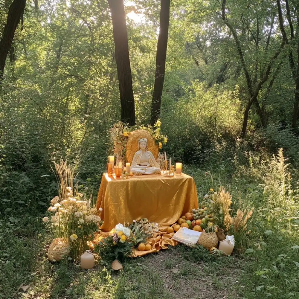 Outdoor altar in a forest with a goddess statue, golden cloth, candles, wheat, fruit, and yellow flowers.