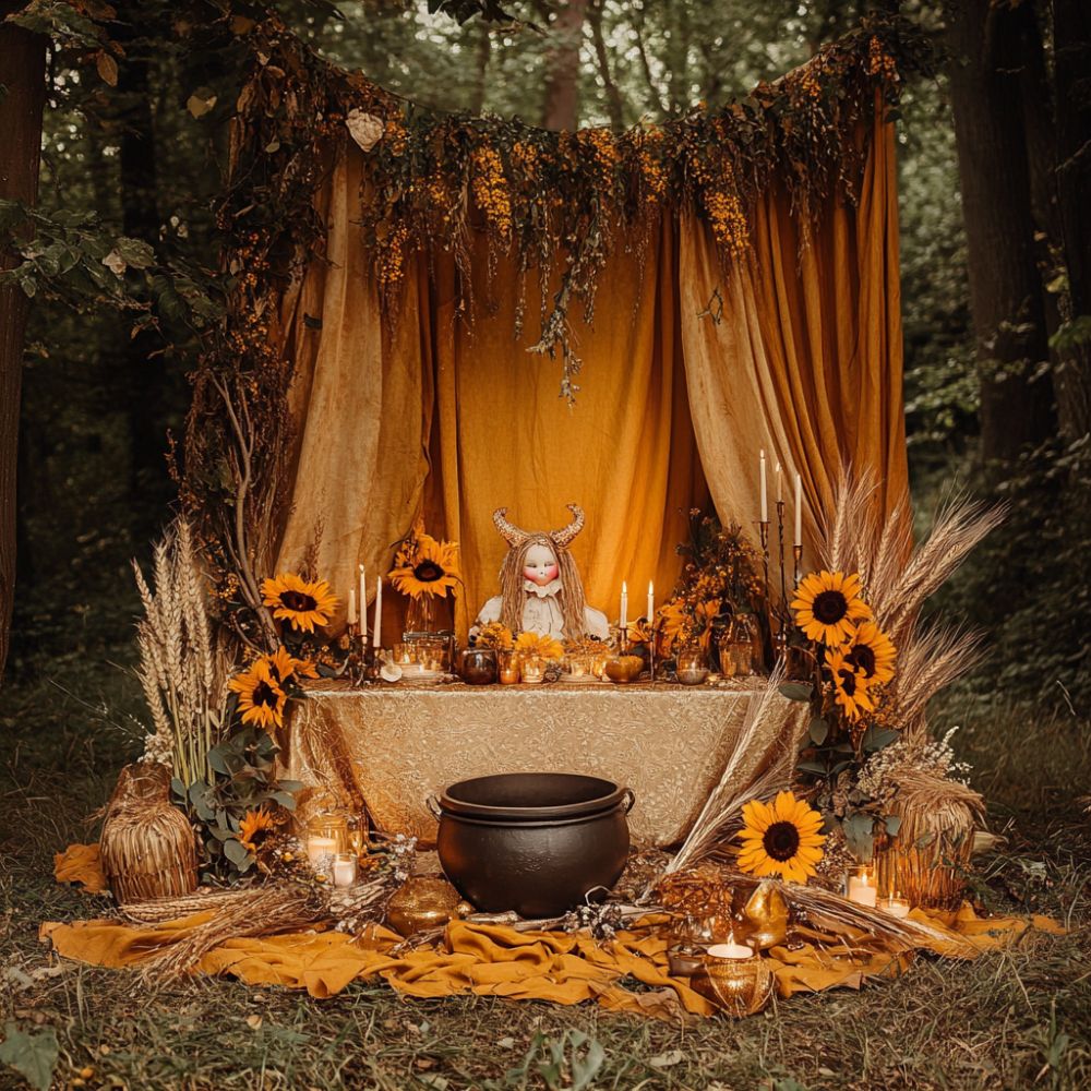 Lammas altar with a horned doll, yellow drapes, sunflowers, wheat, candles, and a cauldron in a forest setting.